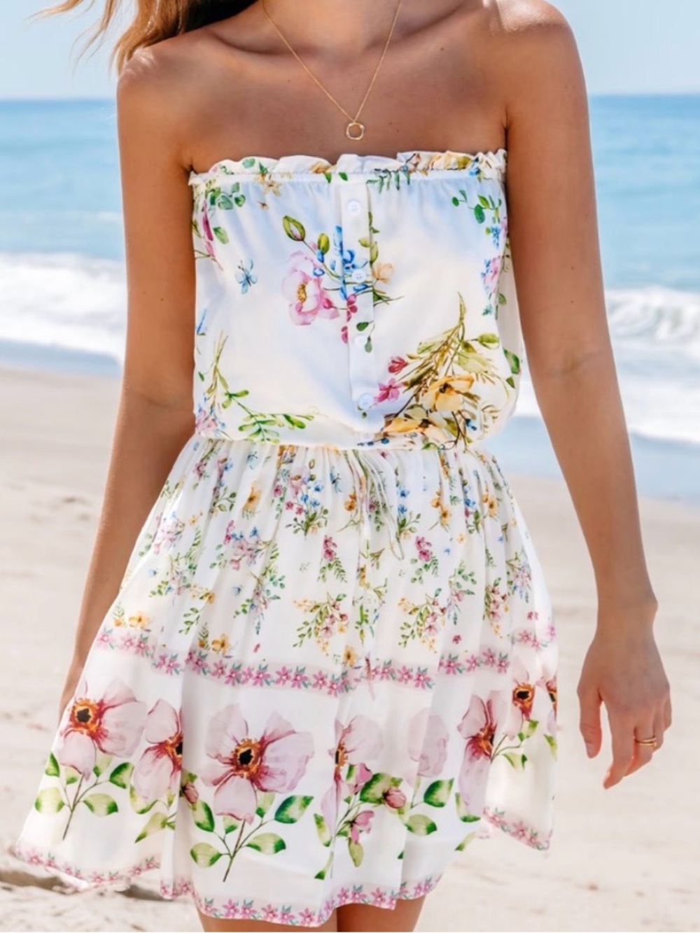 Cupshe White Strapless Floral Sundress with Pink & Green Accents